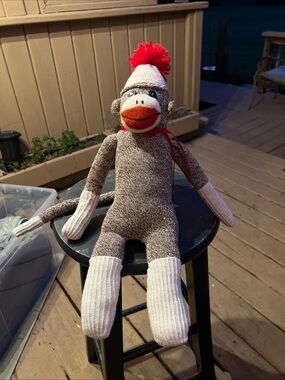 Handmade Brown Sock Monkey Plush Toy with White Accents and Red Hat